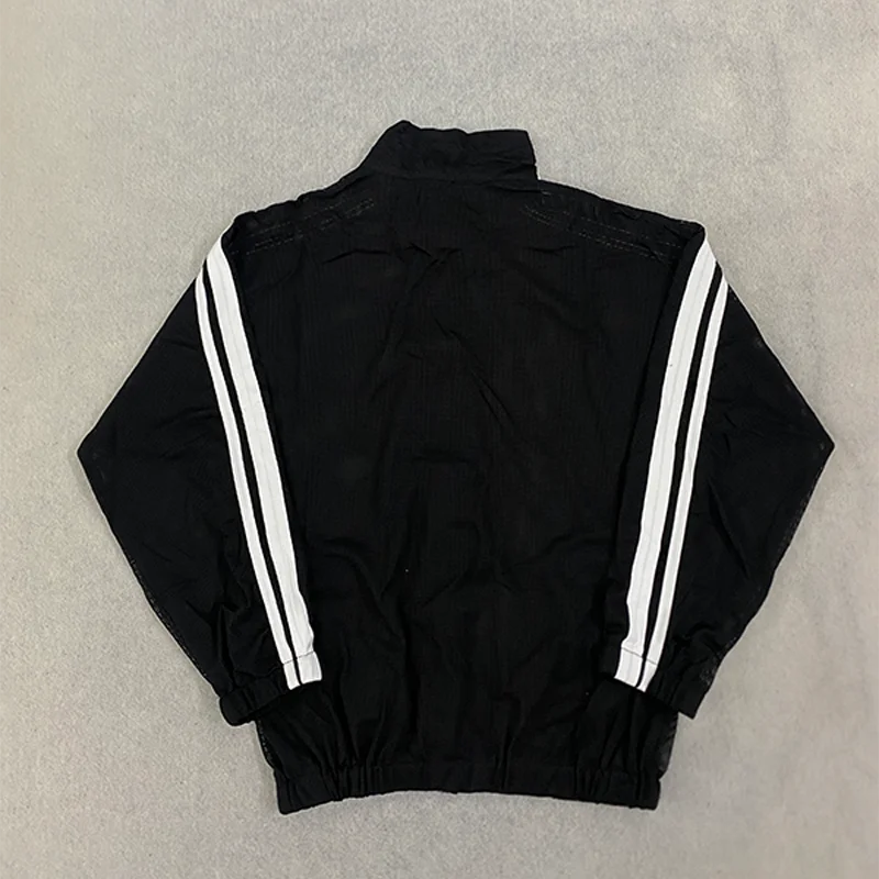 Damen-Mesh-Sweatshirt-Jacke mit Reißverschluss, Stehkragen, Kontraststreifen, Langen Ärmeln, Froschknöpfen, Lockerer Passform, Y2K-Streetwear – Detail 23
