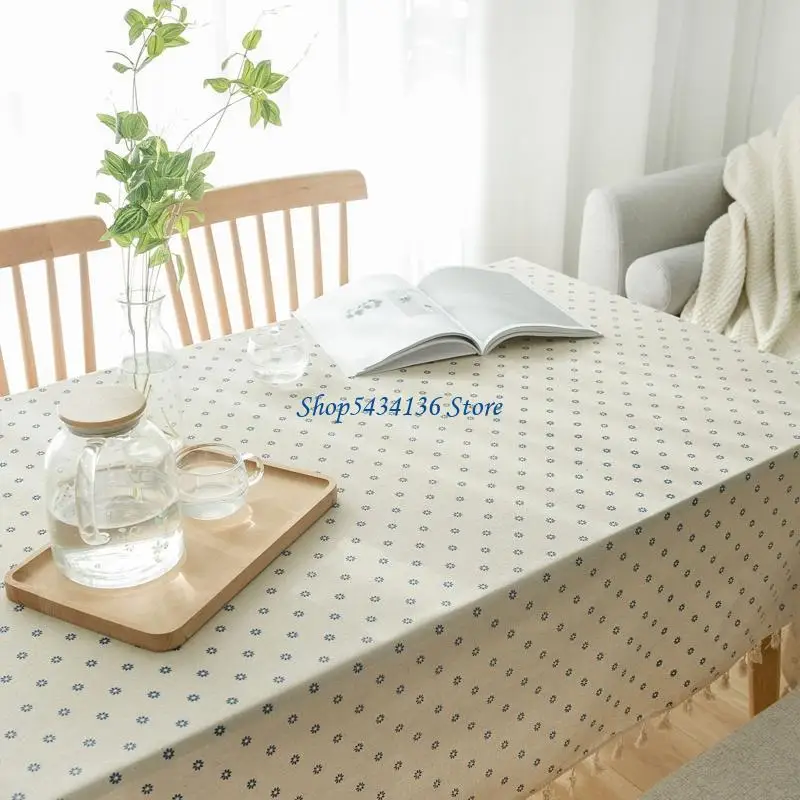 

H7ED Pastoral Fringe Tassels Tablecloth Floral Stripes Print Cotton Linen Dustproof Rectangle Table Cover Kitchen Decoration