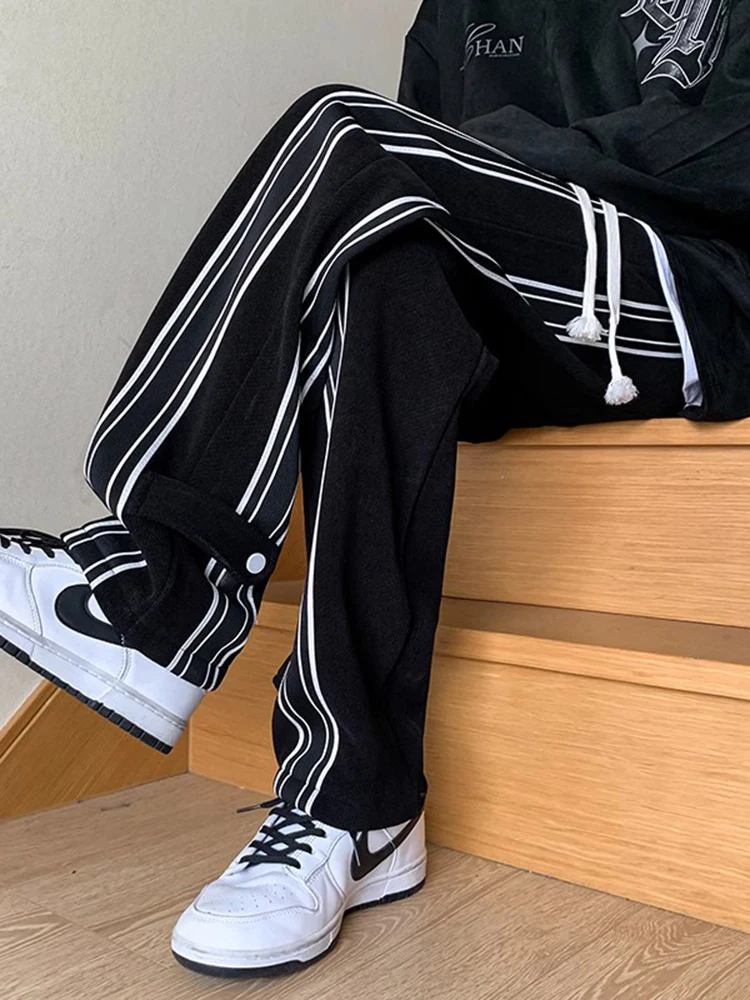 

Men's Bla White Striped Loose Wide Leg Sport Pants Autumn American High Street Straight Cut Casual Long Trousers