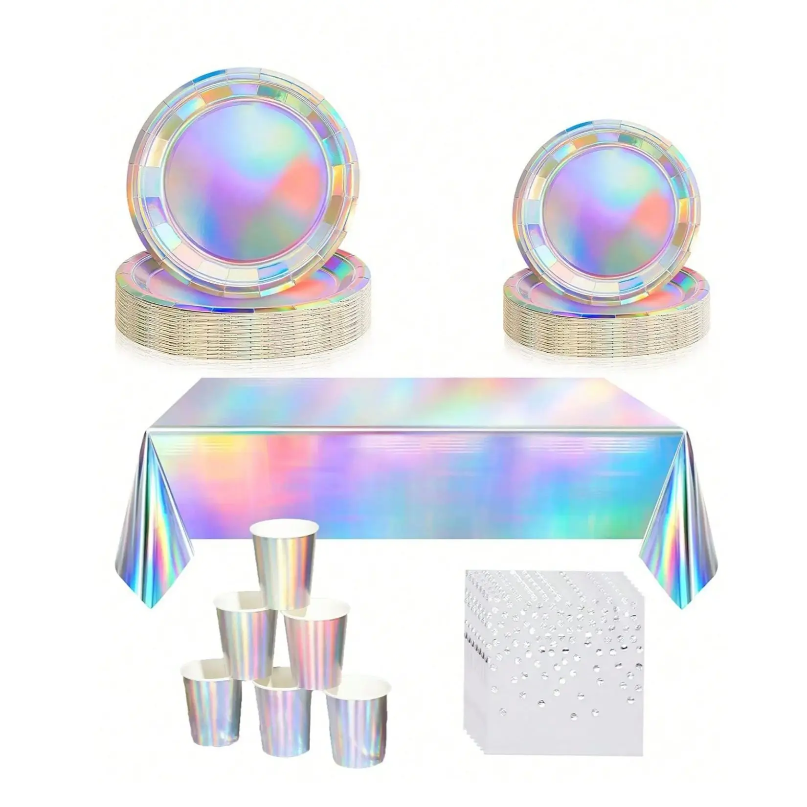 Rainbow Party Supplies Decorations, Holographic Paper Plates and Napkins Set for Birthday Wedding Holiday Party, Christmas