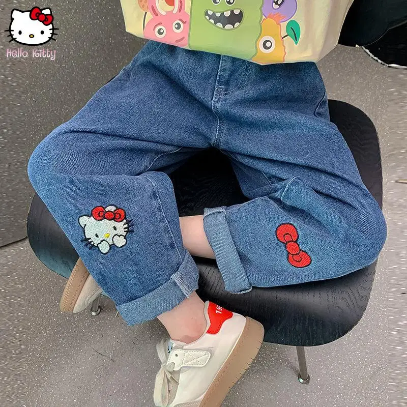 

Anime Hello Kitty Girls Jeans Pants Kids Autumn New Kawaii Sanrio Cartoon Fashion Straight Waist Denim Trousers Casual Soft