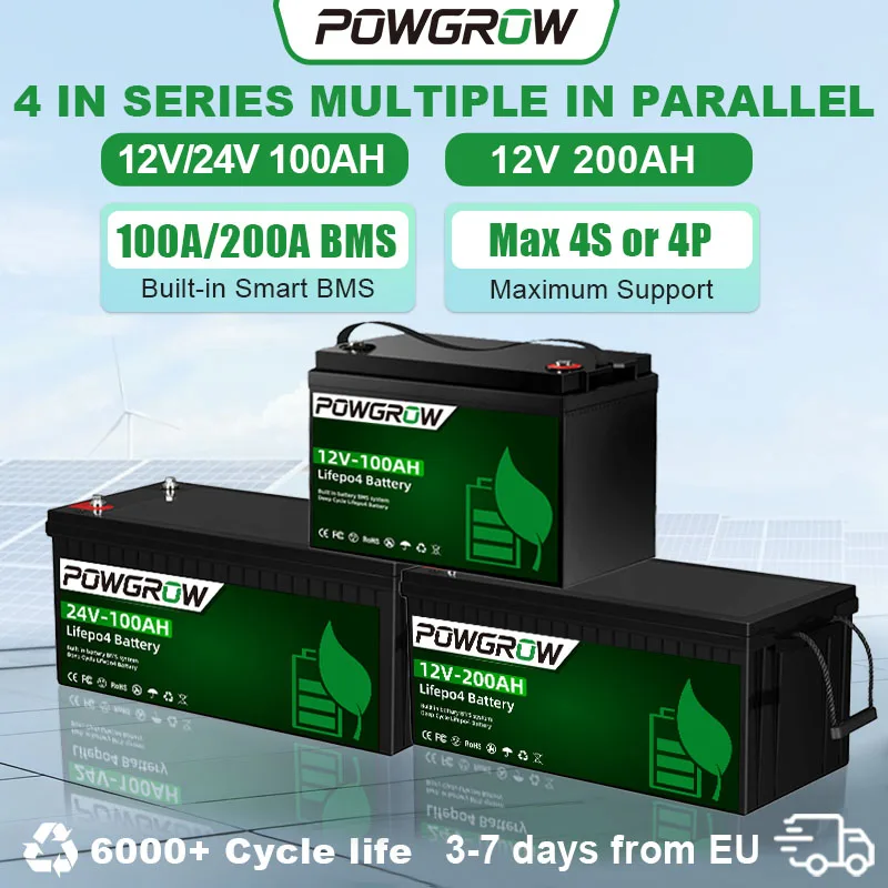 Image of POWGROW 200Ah 100Ah LiFePO4-Batterie 12V 24V Lithium-Eisenphosphat-Solarbatteriepacks mit Klasse-A-BMS, Über 6.000 Zyklen