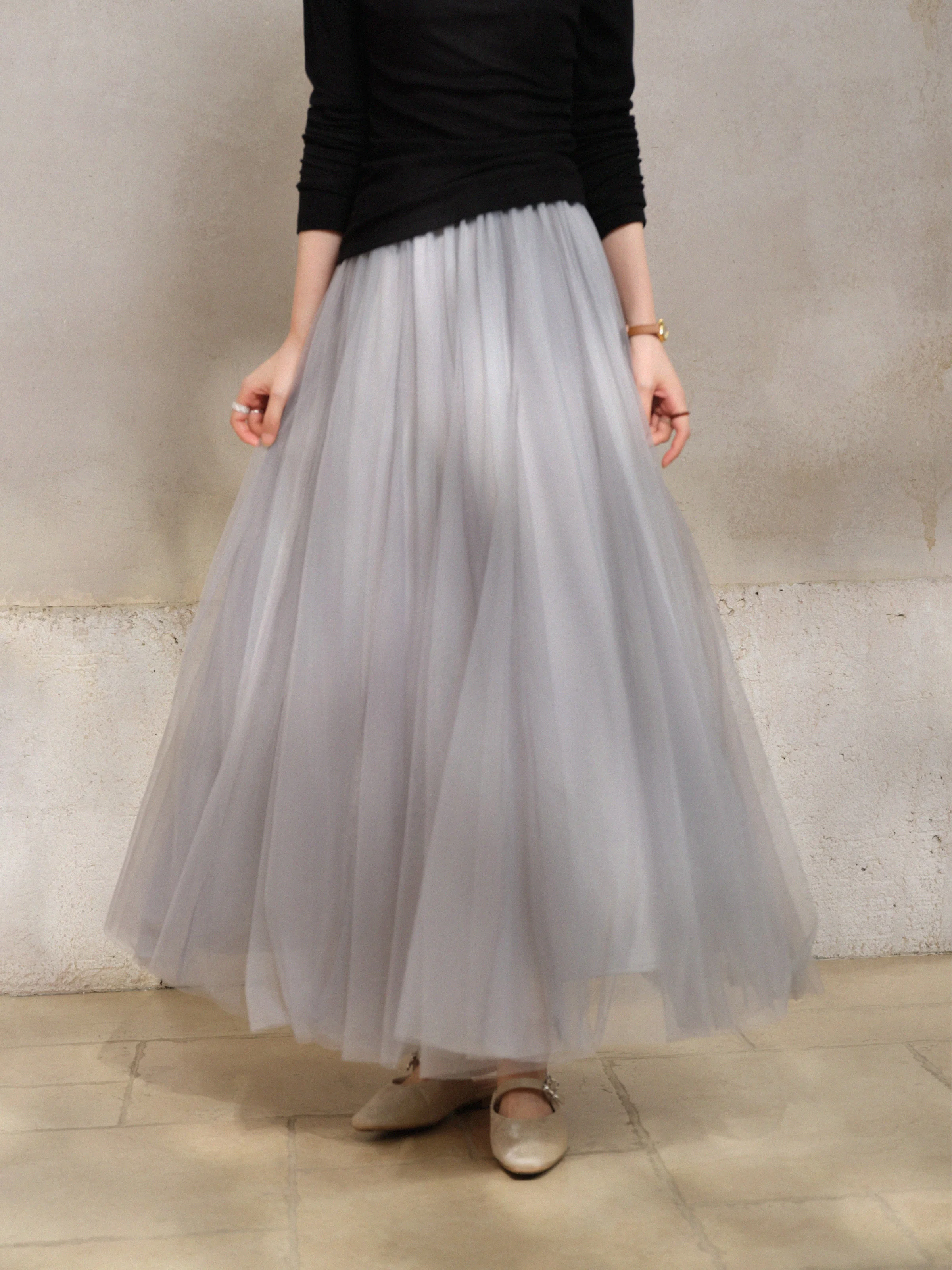 Falda elegante de malla de cintura alta, falda larga de tul Vintage para mujer, falda larga acampanada de otoño para aspecto informal diario o de fiesta