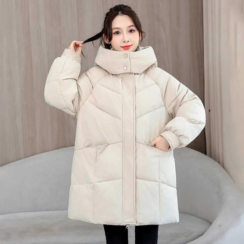 Women Hooded Parkas Coats Mid Lenth Jackets Solid Zipper Pockt Long Sleeves Slim Fit Thick Office Lady Casual 2025 Autumn Winter