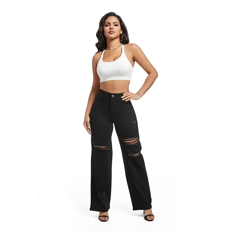 Hole Jeans Women Vintage Denim Straight Pants Washed Distressed High Waist Stretch  Streetwear Female Ankle Length Trousers