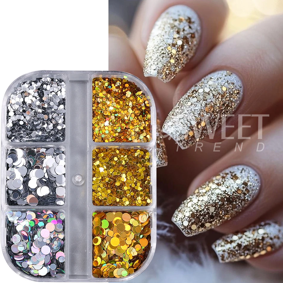 6칸 골드 실버 라운드 네일 스팽글 홀로그램 믹스 반짝이는 라운드 도트 글리터 플레이크 반짝이는 Y2K 매니큐어 장식 플래시
