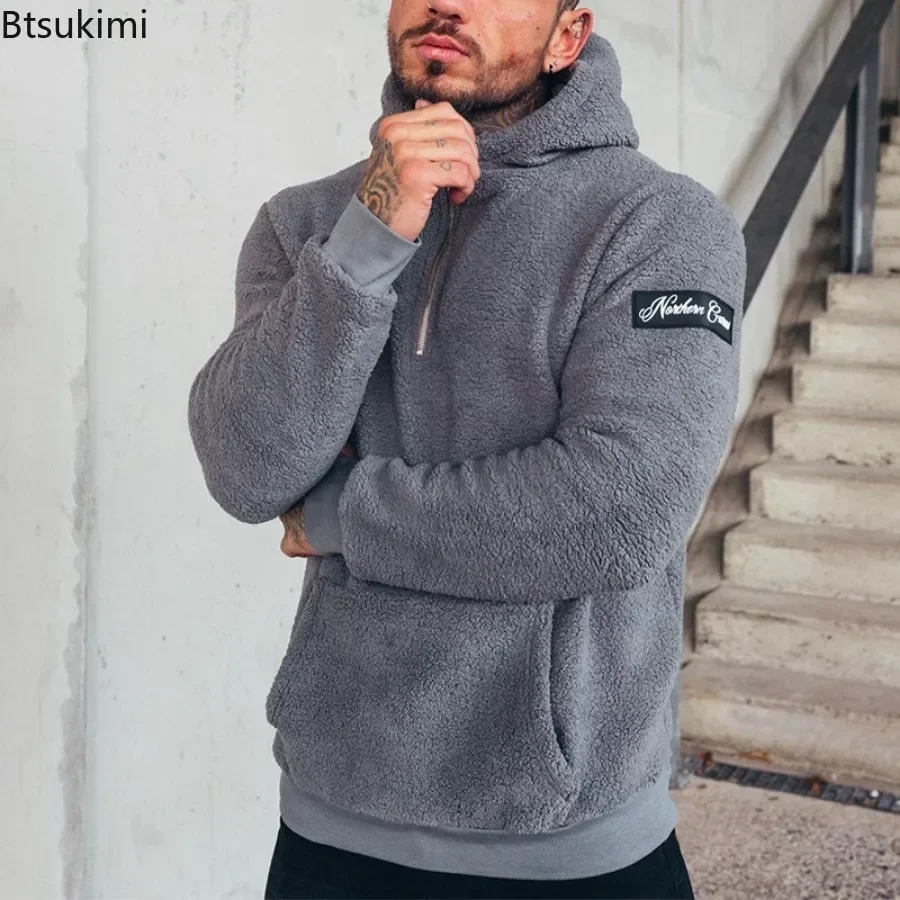 Autumn Winter Men\'s Thicken Plush Hoodies Fashion Half Zip Loose Casual Hooded Tops Men Solid Sweatshirts Warm Coats Streetwear