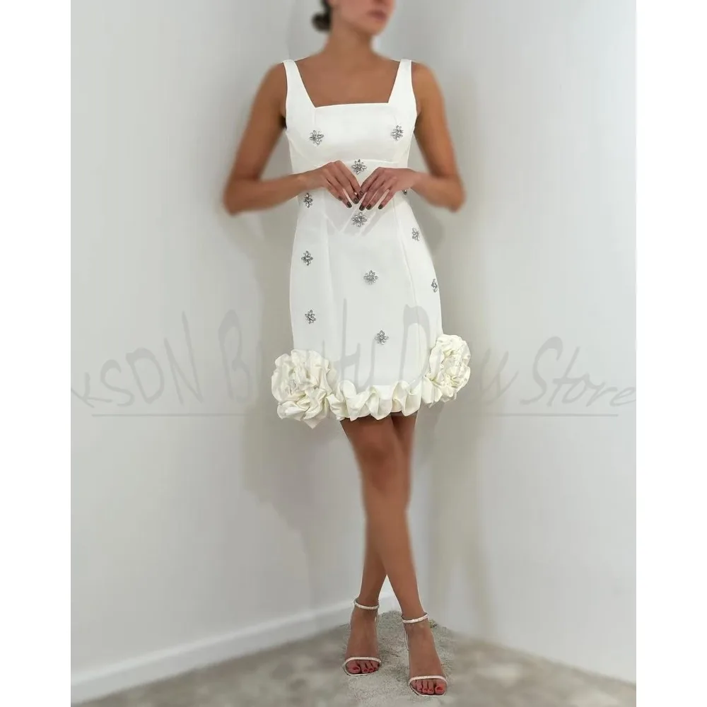 

Summer Crystal Women Dresses Chic Square Collar Ruched Flowers Gowns Elegant Daily Casual Slim Knee-Length Party Dresses