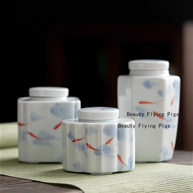 Ceramic Tea Jar Moisture Proof Sealed Container Lotion Facial Mask Powder Tank Chinese Style Hand Drawn Fish Storage Square Jar