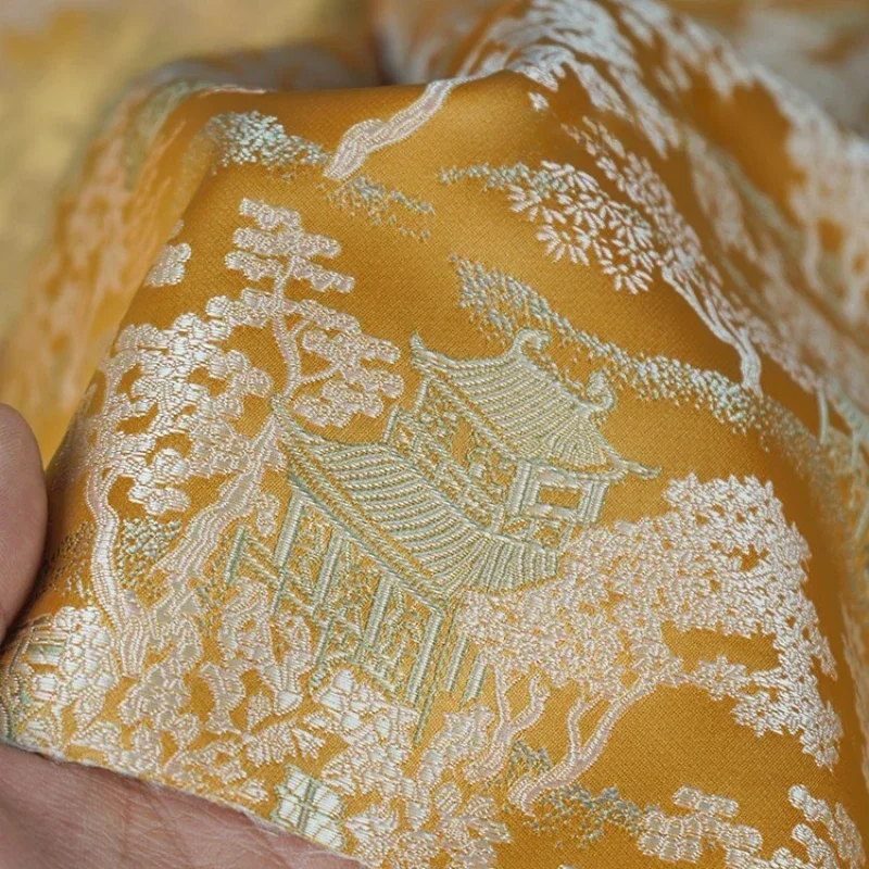 Bright Yellow Qingming Riverside Scene Weaving Brocade Fabric New Chinese Jacquard Song Brocade Silk Coat Vest Fabric