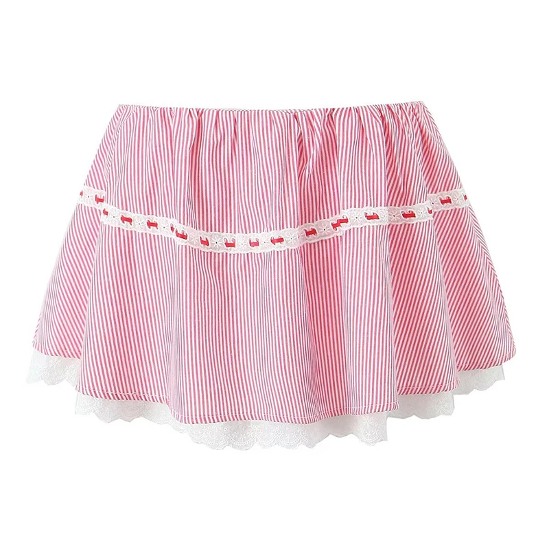 YENKYE New Women Sweet Lace Patchwork Striped Mini Skirt Holiday Summer Casual A-line Skirts Cotton