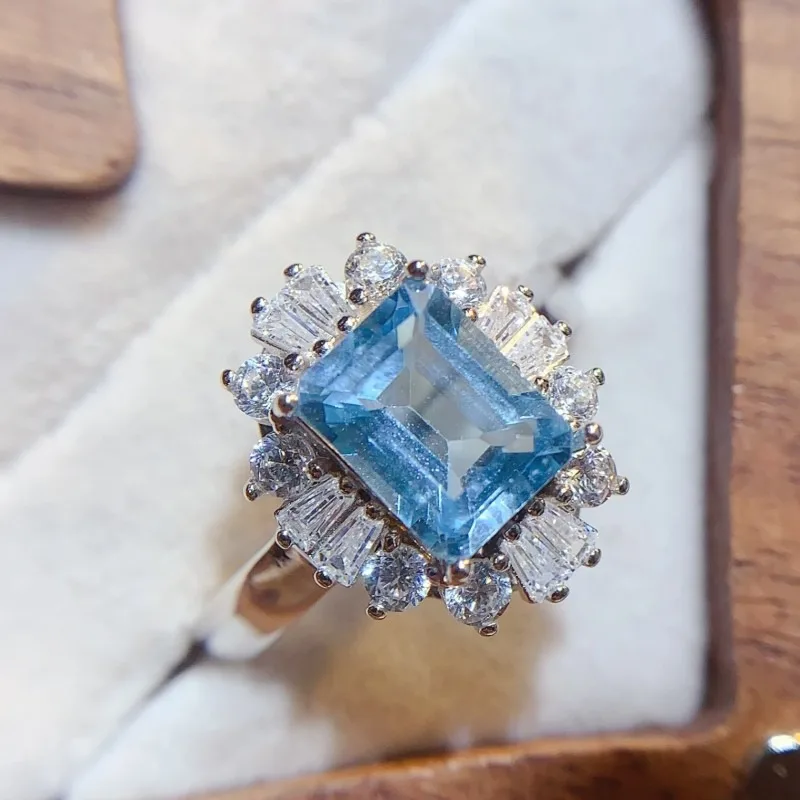 YULEM Rectangle Topaz for Men or Women 6x8mm Natural Blue Gem Silver 925 Fine Jewelry Ring