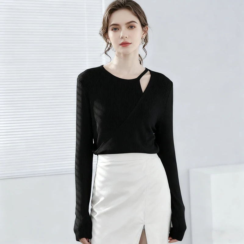 

Элегантный пуловер с длинными рукавами, модный свитер нестандартной формы, осенний повседневный свитер с круглым вырезом, ажурные топы, зимний милый однотонный вязаный топ