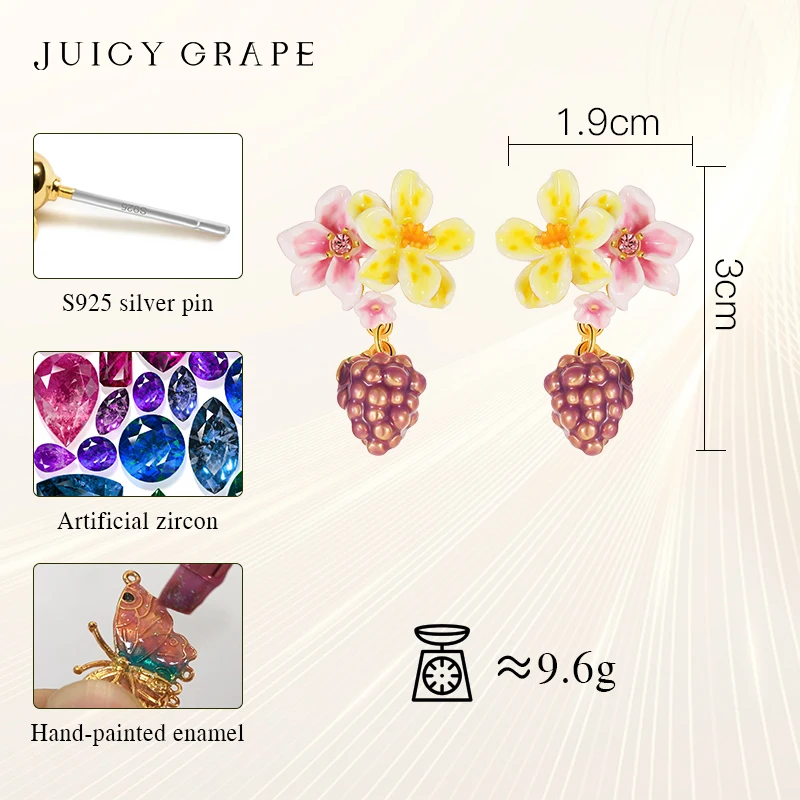 Imagem -02 - Uva Juicy-brinco para Mulheres Flor Esmaltada Uva Pino de Prata 925 Esmaltado à Mão Banhado a Ouro 18k Presente de Aniversário Joias de Festa