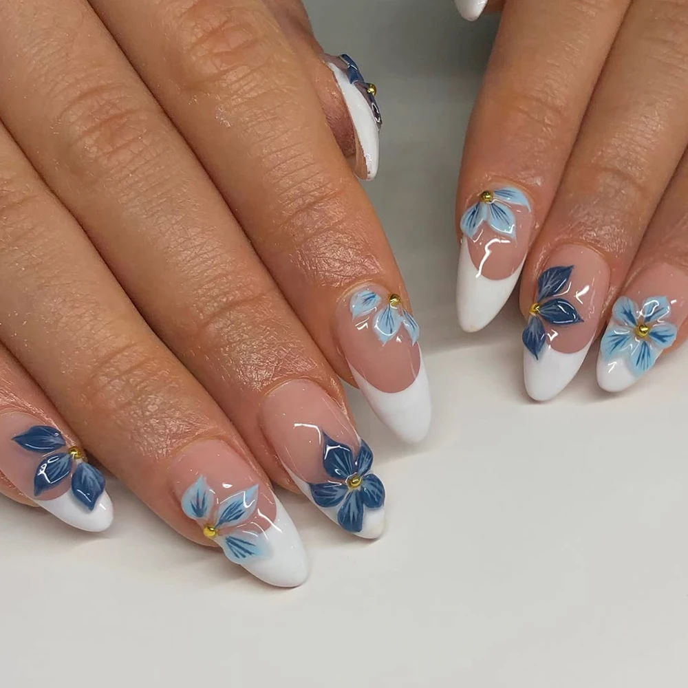 24 peças de amêndoa 3d gel flor branca ponta francesa imprensa em unhas, cabe perfeitamente conjunto de unhas falsas acrílicas, contém 1 peça de cola gelatinosa e 1p