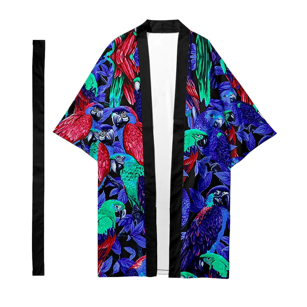 

Men's Japanese traditional ethnic long kimono cardigan women's kimono animal parrot pattern kimono shirt yukata jacket