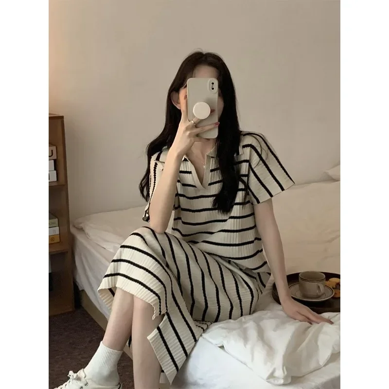 Korean Simple Fallow Hollow Out Streak Short Sleeve Dresses Loose Comfort Can Be Worn Outside Summertime Skirt Female New Style