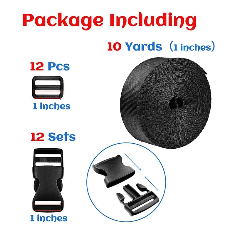 1 Inch Wide 10 Yards Nylon Webbing Strap+12 Set Plastic 1 Inch Flat Side Release Buckles For DIY Making Luggage Strap