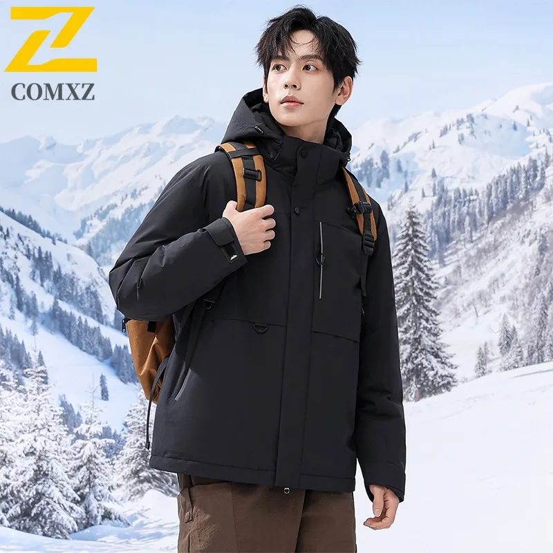 COMXZ Men Cotton Padded Jacket Solid Color Hooded Tool Waterproof Thick Warm Travel Padding Coat Snowy Windproof Puffer Jackets