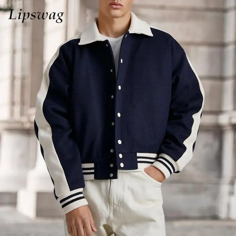 

Trendy Bomber Jackets Mens Streetwear Fashion Turn-down Collar Button-up Coat Men Fall Winter Outdoor Casual Patchwork Cardigans
