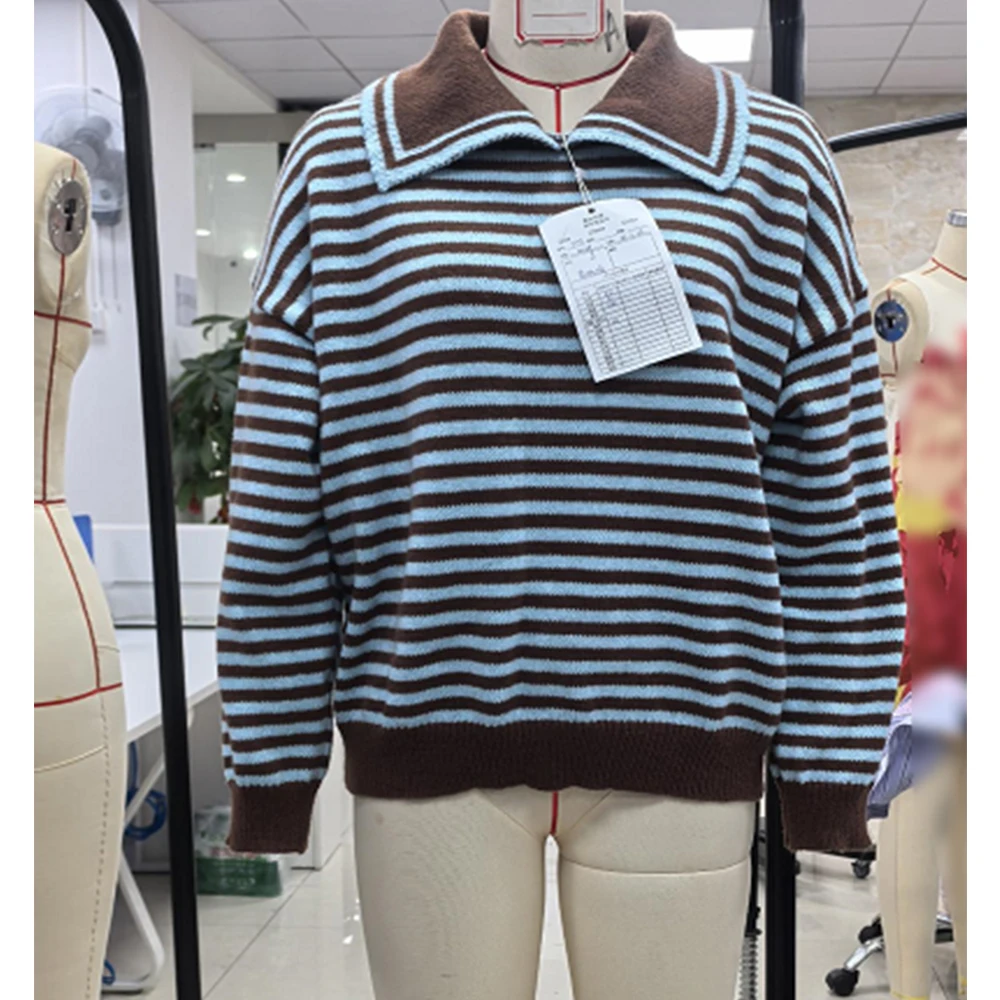 Suéter de punto a rayas Retro para mujer Y2K, jersey de manga larga con cuello y cuello, sudaderas holgadas con bloques de Color, prendas de punto Preppy