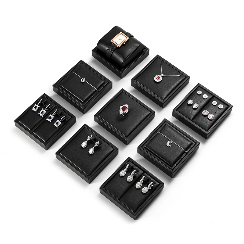 Oirlv Black Jewelry Small Tray Set PU Leather Ring Earring Necklace Bracelet Watch Display Tray Jewelry Store Display Black Set