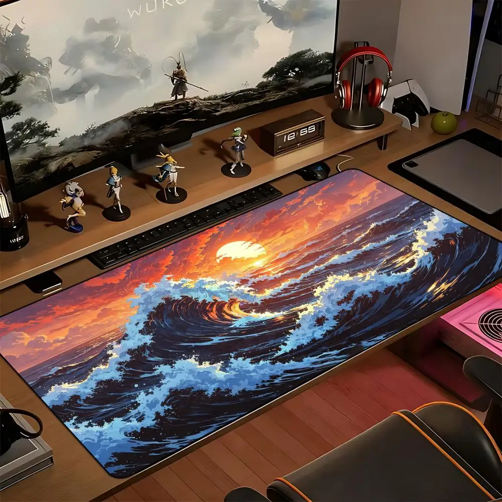 Large XXL Gaming MousePad Desk Mat Keyboard Pad Sunset Ocean Great Wave Pastel Landscape Print NonSlip Rubber Base Stitched Edge