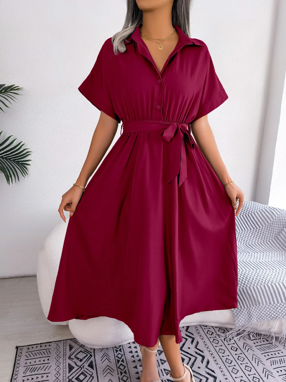 Summer Turn-down Collar Solod Color Women Shirt Dress Fashion Loose Casual Elegant Lace-up Long Dresses