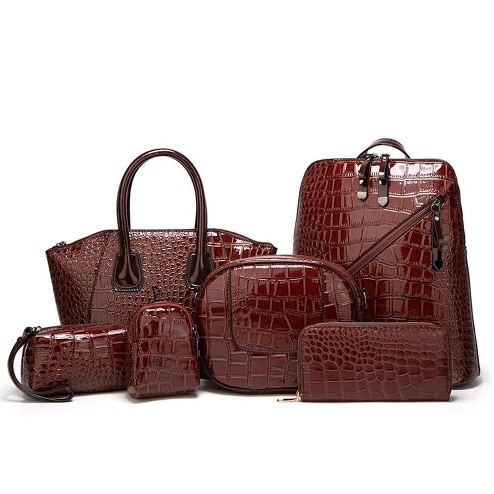 

6pcs Set PU Minimalist Crocodile Embossed Women's Bag Set - Backpack, Tote, Shoulder Bag, Clutch, Keybag, Wallet, High Cost Performance