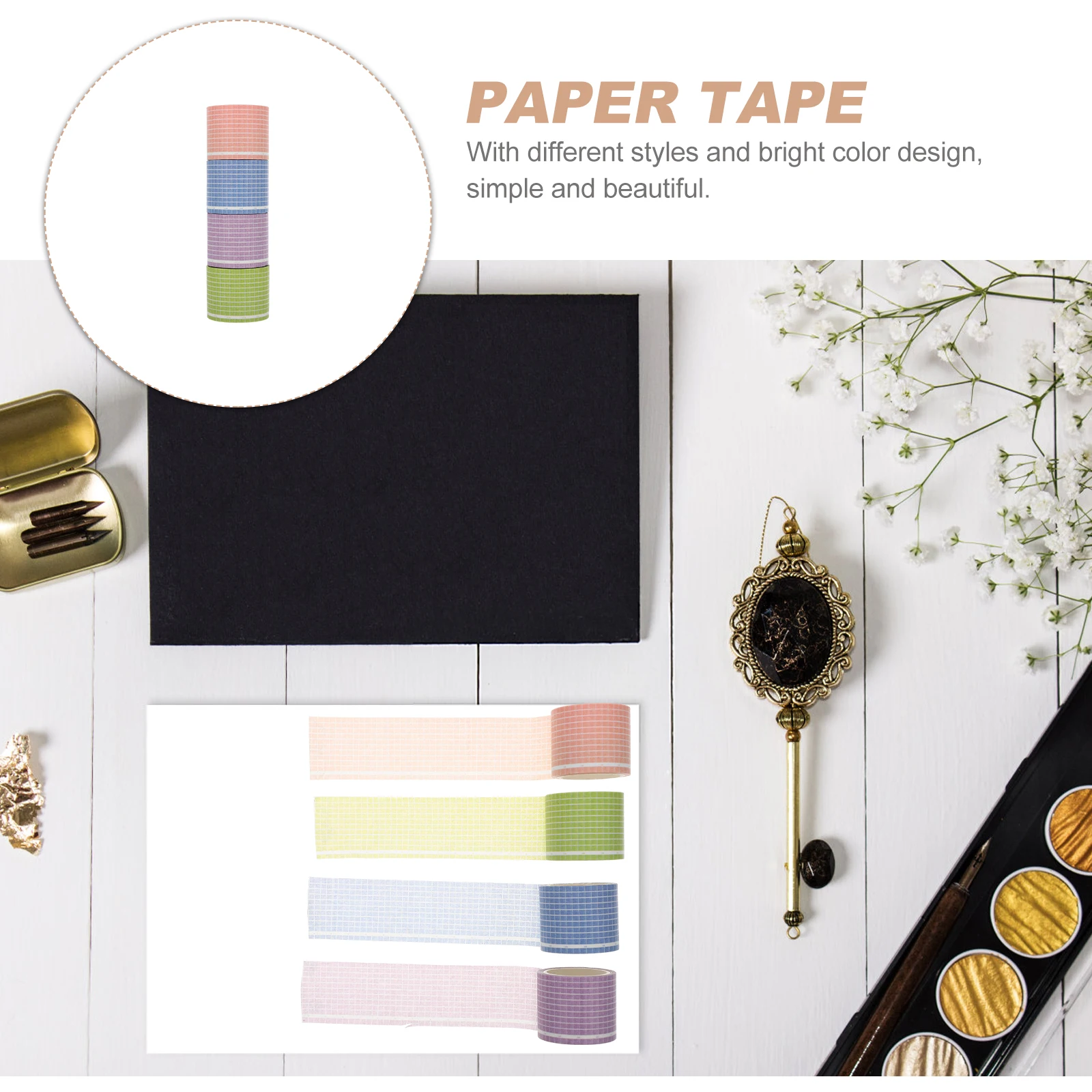 

4pcs Grid Pattern Washi Paper Tapes For Scrapbook Diy Journal Craft Projects Decorative Adhesive Safe Remove No Residue