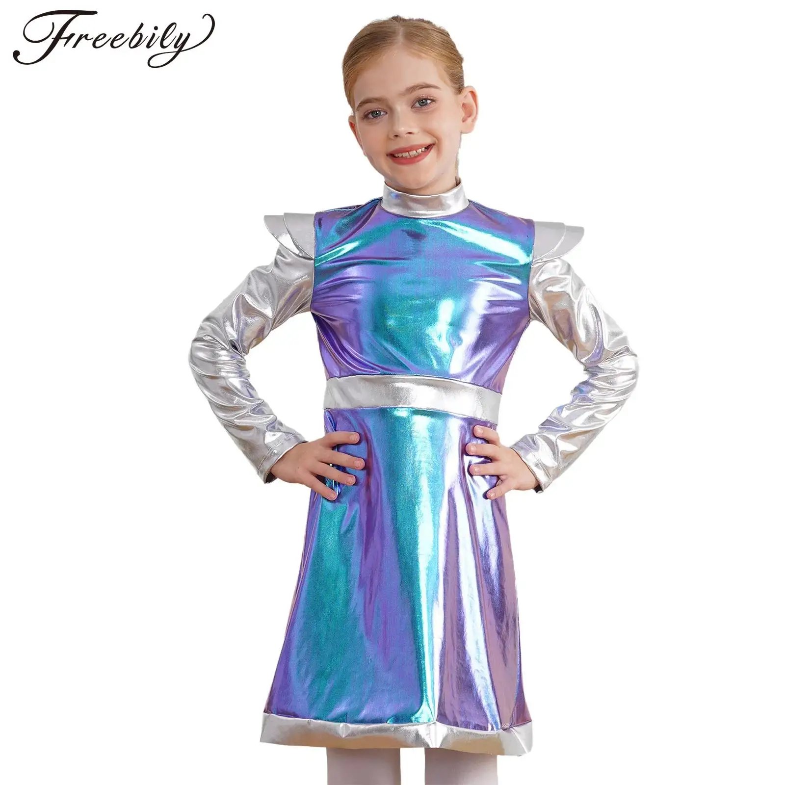 Costume extraterrestre pour filles, olympiques d'astronome de l'espace, costume de carnaval d'Halloween, costume de cosplay de paupières, brillant, métallique, mignon, enfants