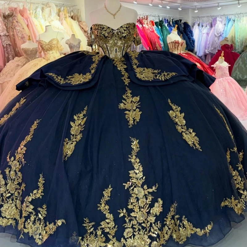 

Navy Blue Shiny Quinceanera Dresses Off The Shoulder Gold Applique Lace Beads Bow Corset Party Birthday Sweet 16 Dress Vestidos