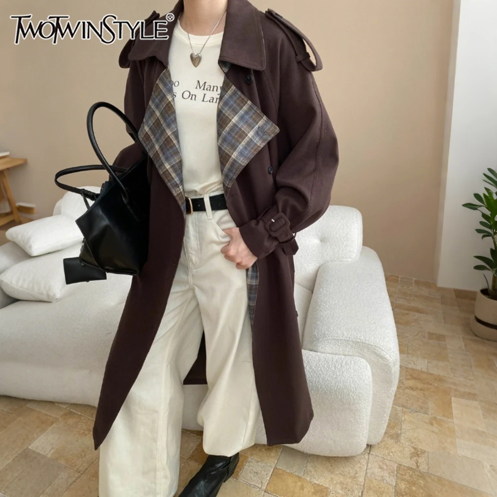 

TWOTWINSTYLE Solid Spliced Plaid Korean Jacket Female Lapel Long Sleeve Loose Streetwear Design Women's Jackets Autumn Fashion