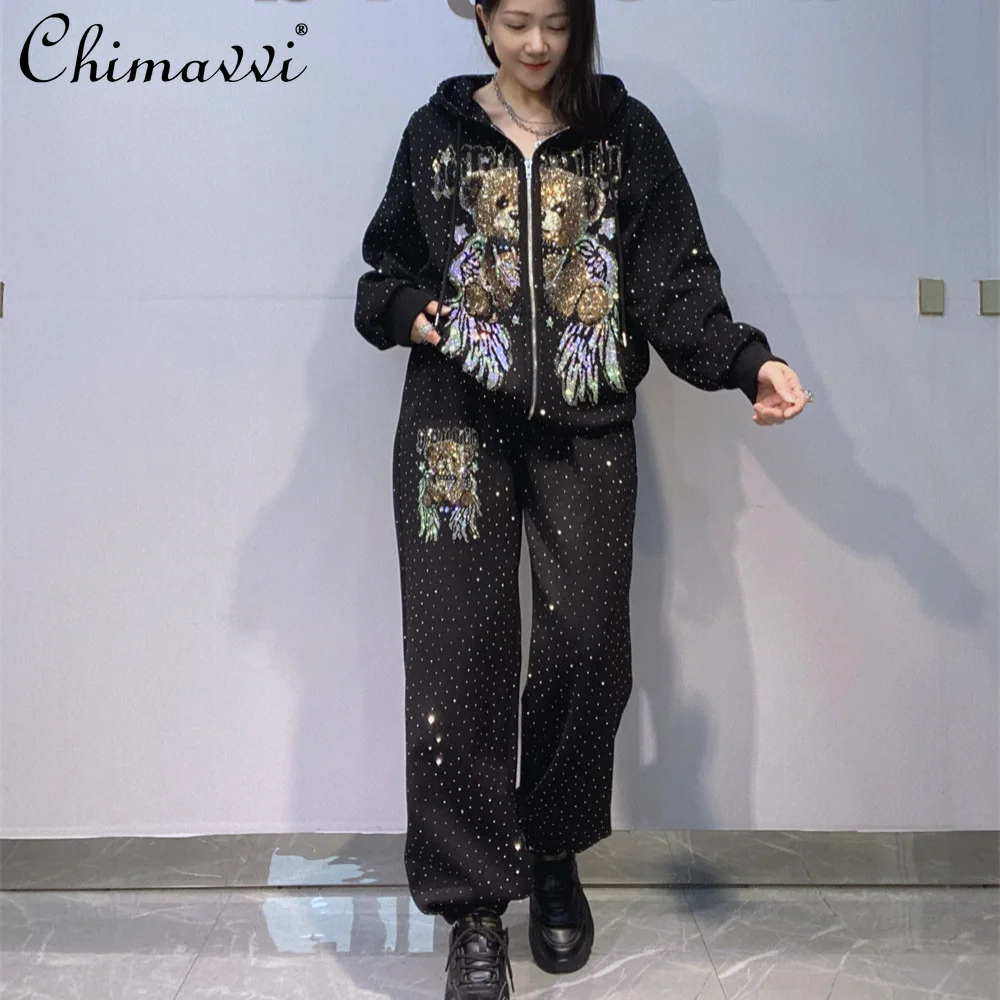 

Heavy Rhinestone Zip-up Cardigan Oversize Sweatshirt Set Spring Autumn Rhinestone Casual Jogger Pants Sportswear 2piece Set