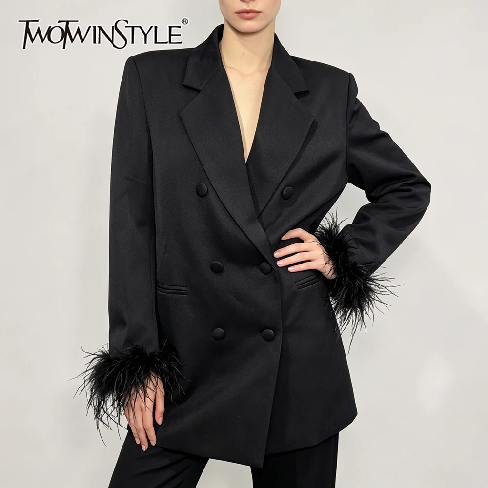TWOTWINSTYLE Chic Premium Black Blazer for Women Notched Collar Double Button Feather Cuff Pocket Loose Coat for Formal Office