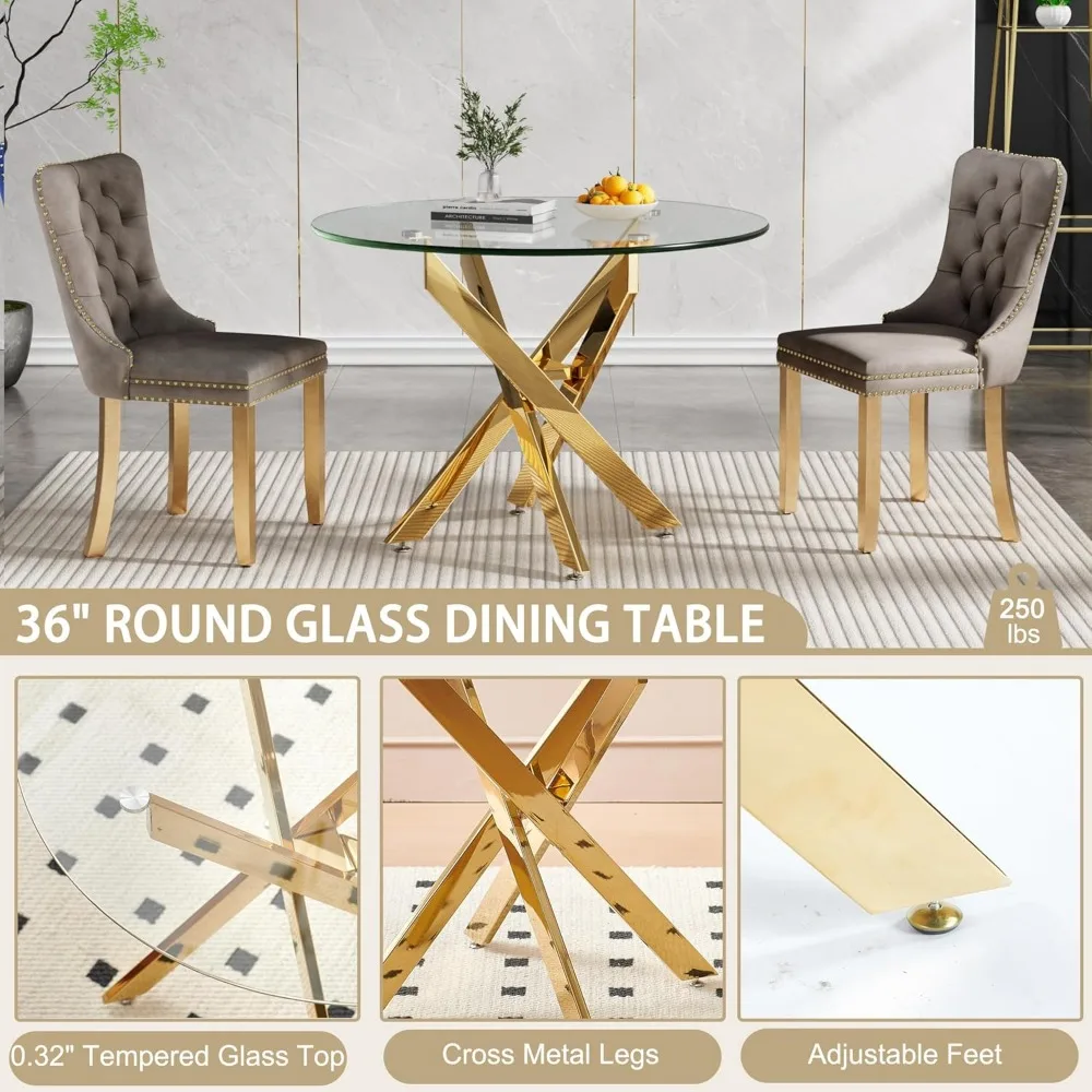 طاولة طعام حديثة من الزجاج الشفاف لـ 4 مقاعد بأرجل معدنية ذهبية، مثالية لمساحات المطبخ المعاصرة