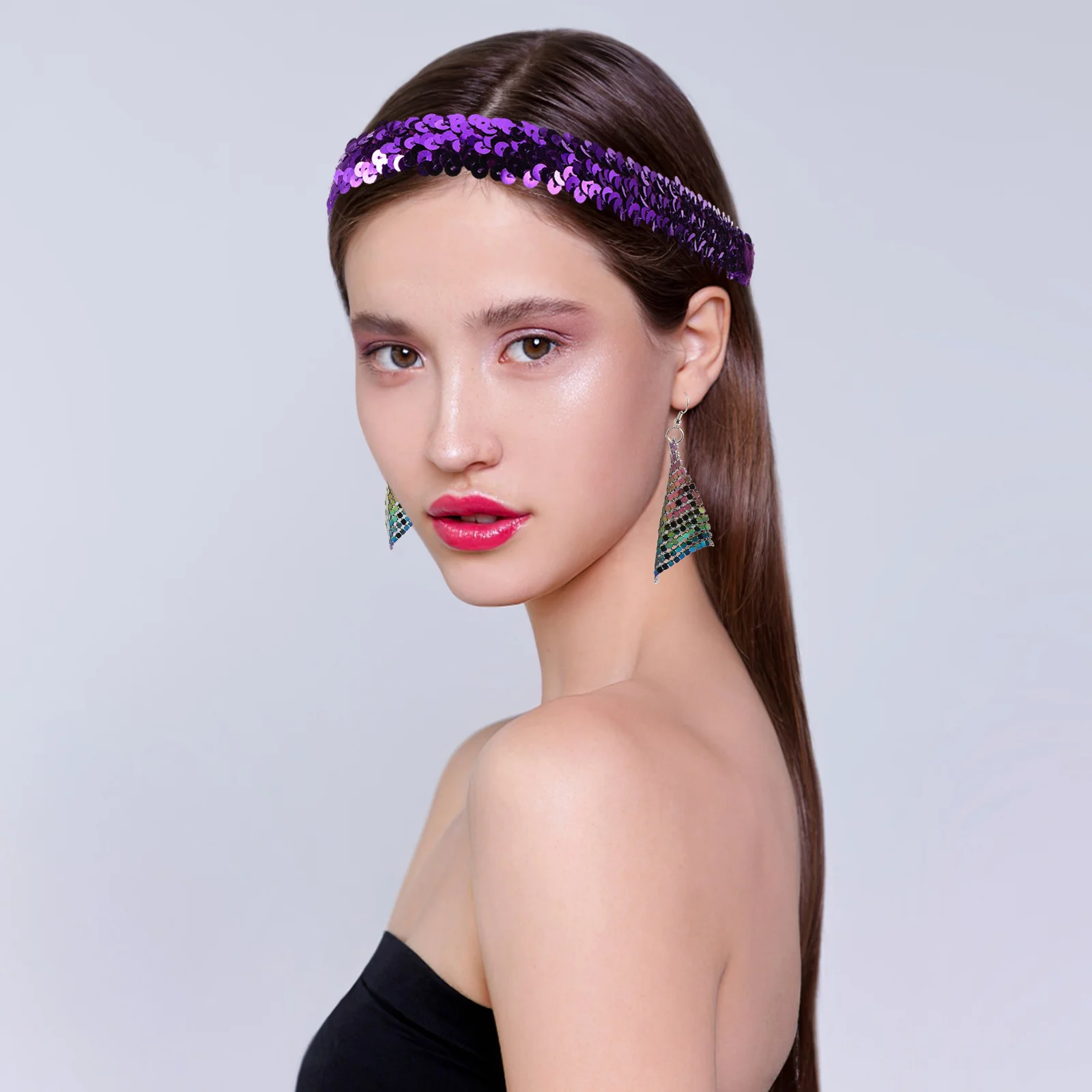 

1 set 1 Set Retro Disco Costume Accessories Sparkling Sequin Headband Necklace Earrings Set For Women 70S Party Halloween Outfit