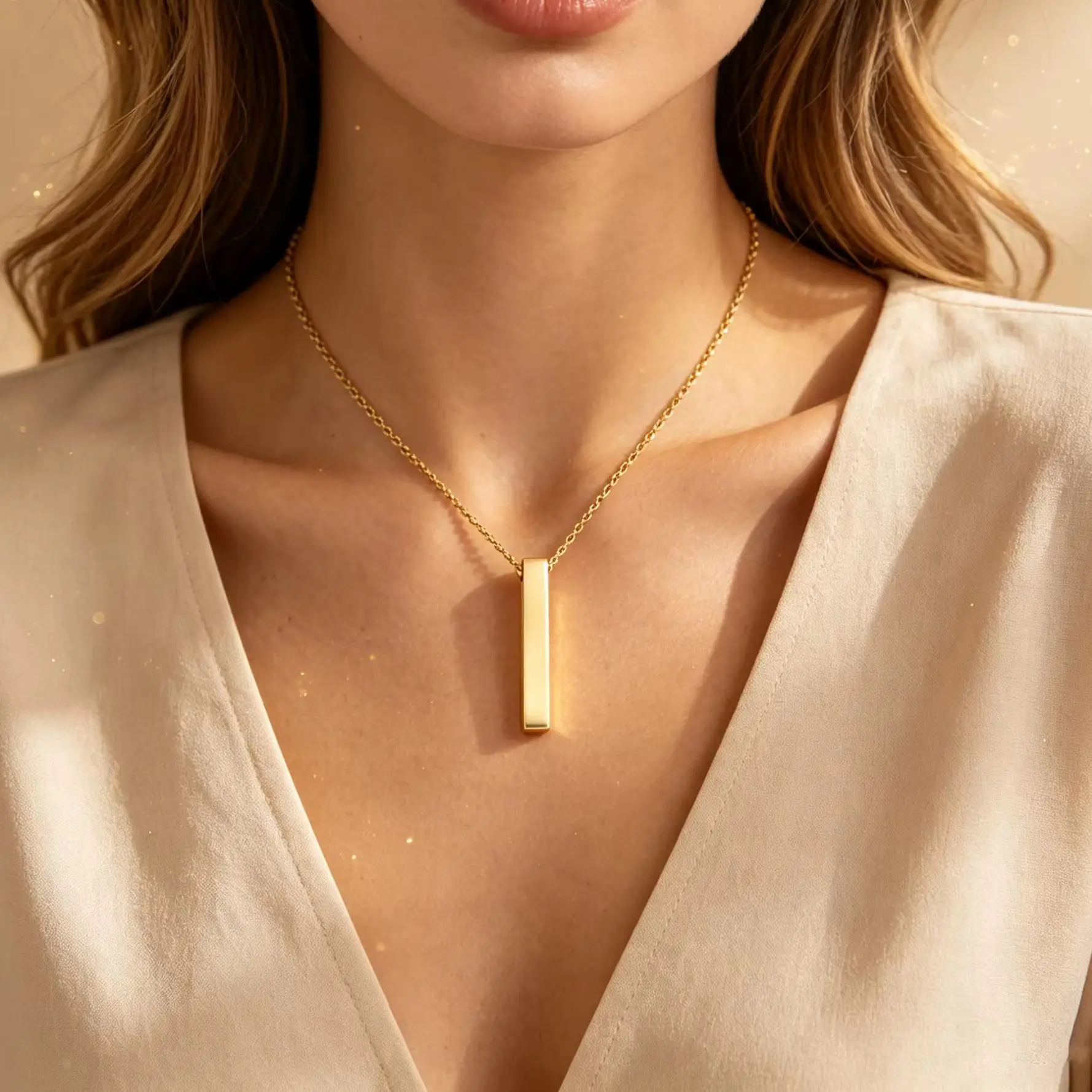 Stainless Steel Gold Plated Vertical Bar Pendant Necklace, Dainty Rolo Chain Minimalist Engravable Women Fashion Jewelry Gift