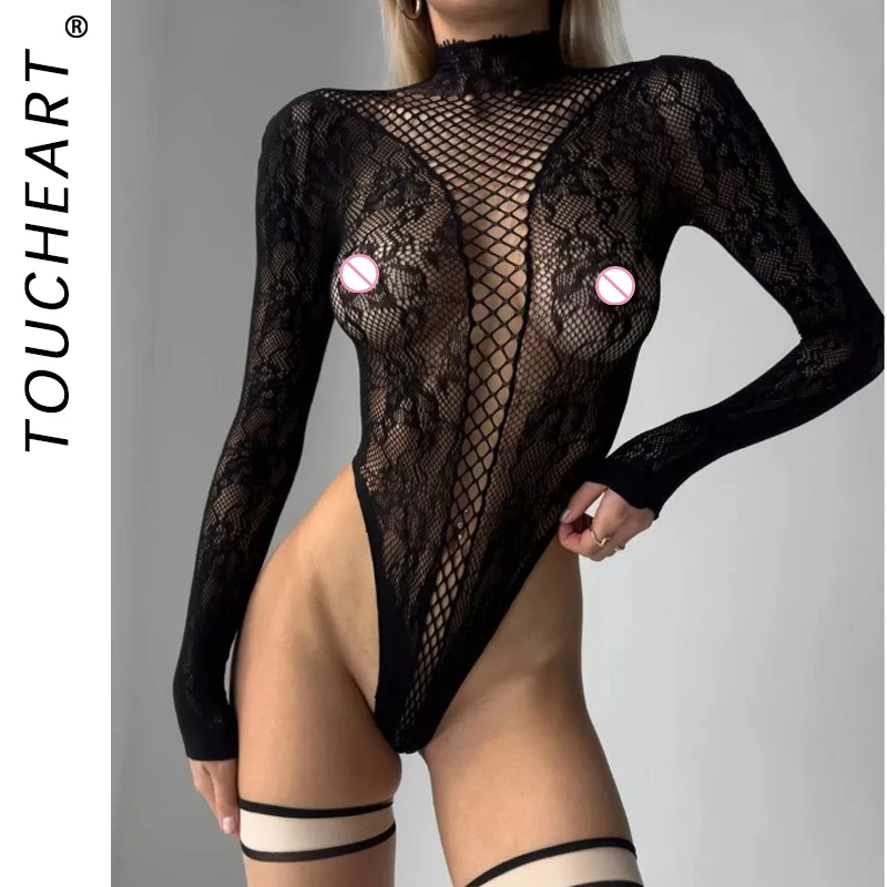 Toucheart Sexy Lingerie Women's Pajamas Mesh Long-sleeved Hollow Mesh Garter Belt Backless Perspective Solid Color Sexy Bodysuit