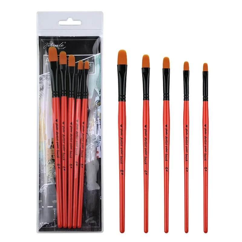 5 Pcs Short Orange Birch Rod Nylon Hair Haircoat Hazel Shaped Art Watercolor Powder Acrylic Paint Brush Set Art Supplies