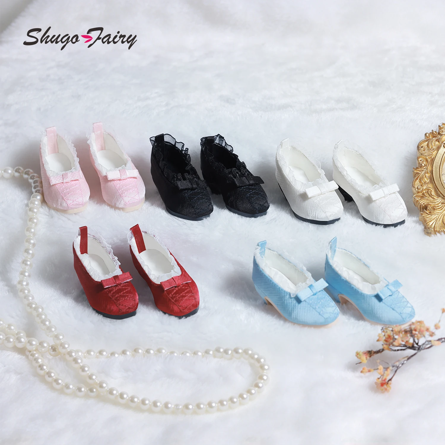 ShugaFairy 1/4 BJD Shoes WX4-237 Mary Jane Low Heels Lace Trim 3D Bow 5 Colors Ball Jointed Doll Accessories Toy Hobbies