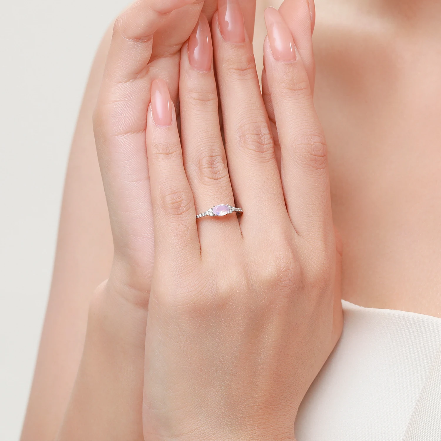 MODIAN 925 Sterling Silver Pink MoonStone Elegant Stackable Finger Ring Eternity Bands for Women Christmas Gifts Fine Jewelry