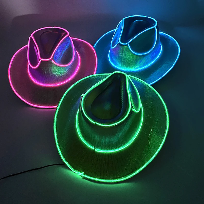 LED Western Cowboy Hat Outing Bar Rave Party Concert Masquerade Glowing Disco Bride Pearlescent Shiny Cowgirl Hat Novelty Gift