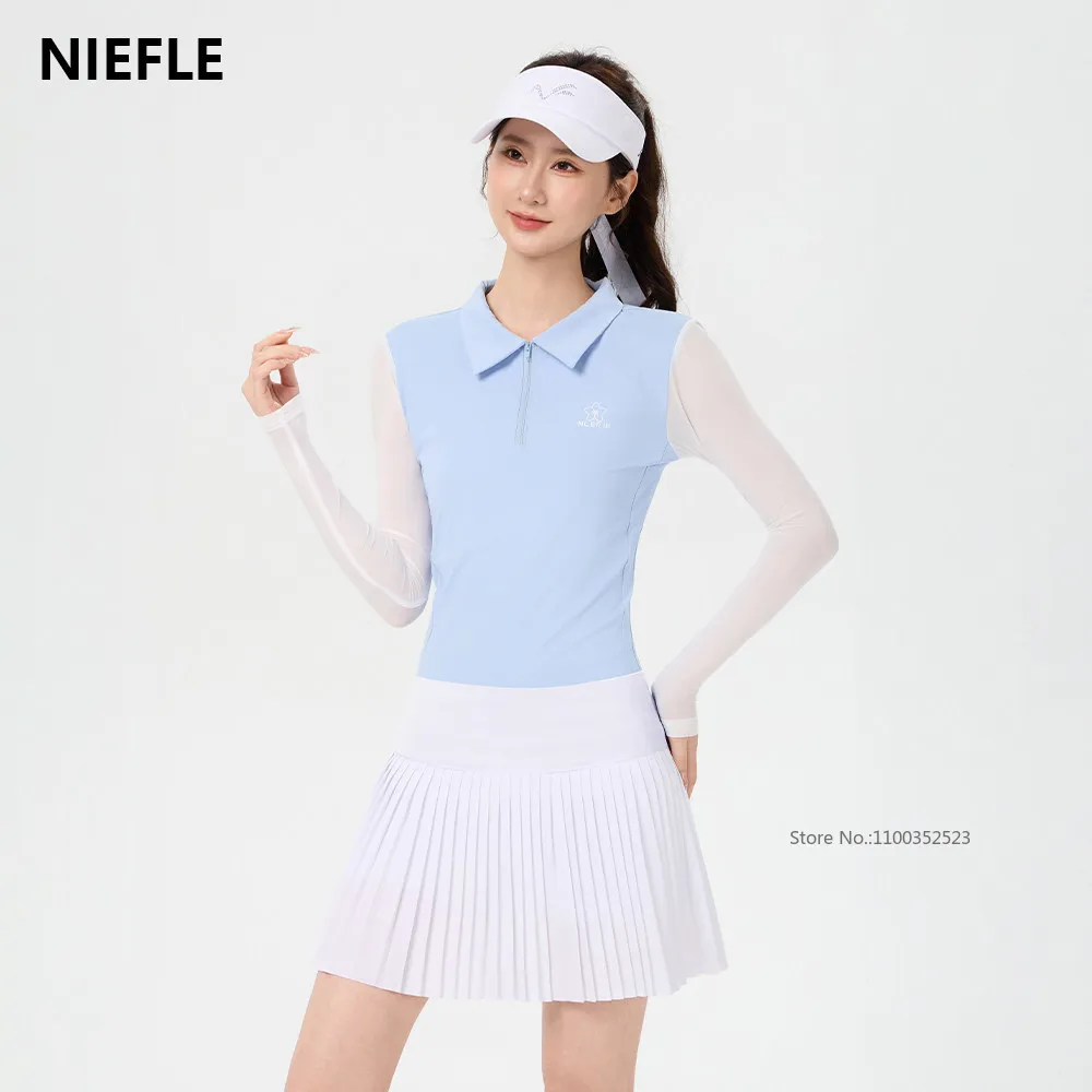 Niefle Women Long Sleeve Sunscreen T-Shirt Cooling Zipper Polo Golf Tops Ladies Pleated Slim Skirt A-lined Elegant Golf Skorts