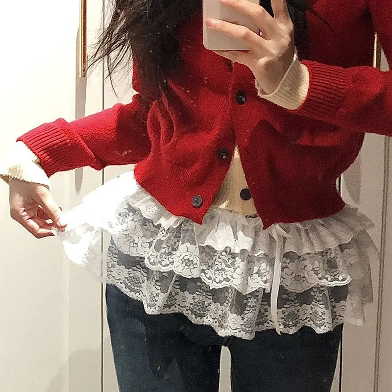 2026 HOT! Women Y2K Korean Lace Mini Layered Skirt Streetwear Lace Up Ruffles Harajuku High Waist Pleated Ladies Skirts Clothes