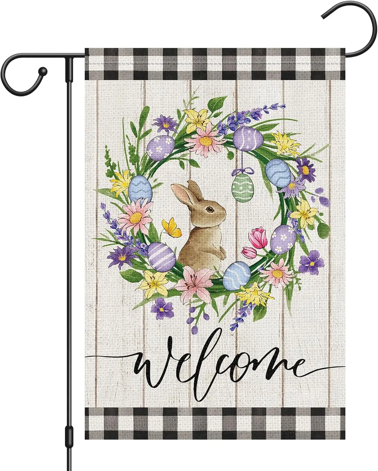 Heyfibro Welcome Easter Bunny Garden Flag 12x18 Double Sided Burlap, Easter Eggs Flower Wreath Small Yard Flag for Easter Holida