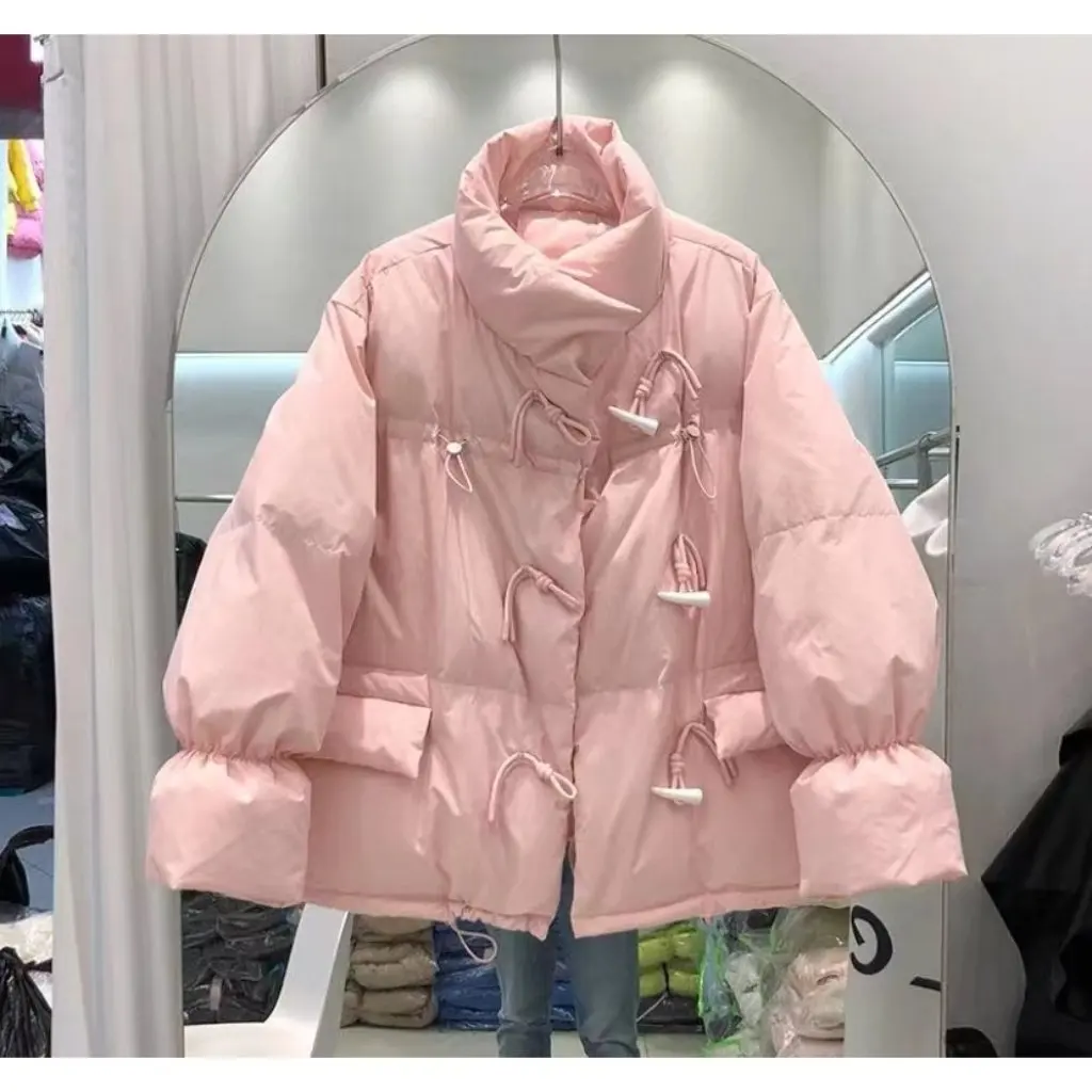 

Women's Loose Cotton Outwear Short Horn Button Design Stand Collar Pure Color Warm Winter Fashion New Arrival