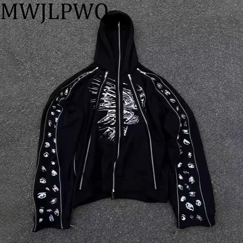 

MWJLPWQ Zipper Printed Hooded Male Sweatershirt High Street Hiphop Y2K Loose American Fashion Pullover Men's Tops Autumn 010497
