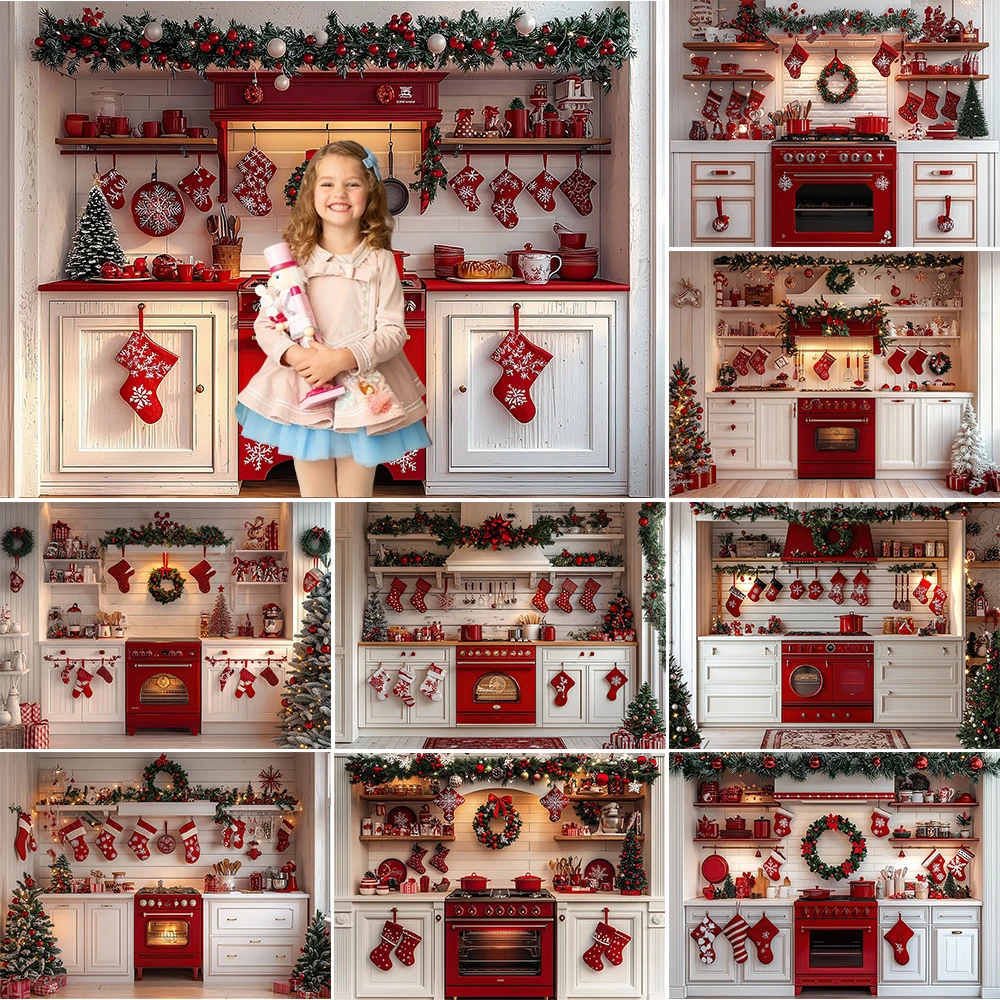 Christmas Kitchen Photography Background Xmas Wreath Red Socks Holiday Decoration Boys Girls Photo Portrait Backdrop Studio Prop