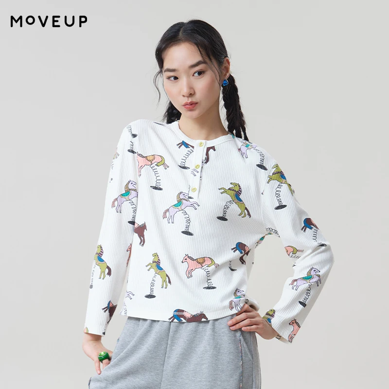 MOVEUP Women's Round Neck Long Sleeve Tees 2026 Autumn Vertical Ribbed Fabric Cartoon Print Button Placket Casual Top 3ELQ10554